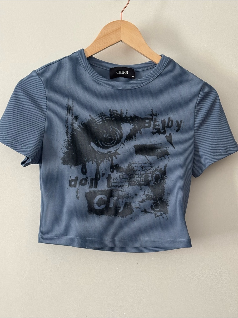 Cider Blue Ribbed Graphic Baby Tee Crop Top Size Medium Y2K